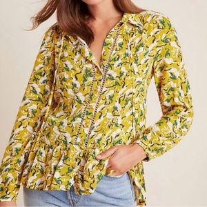 Anthropologie MAEVE Janie Hare Flouncy Top Shirt Blouse Rabbit Yellow Sz 2